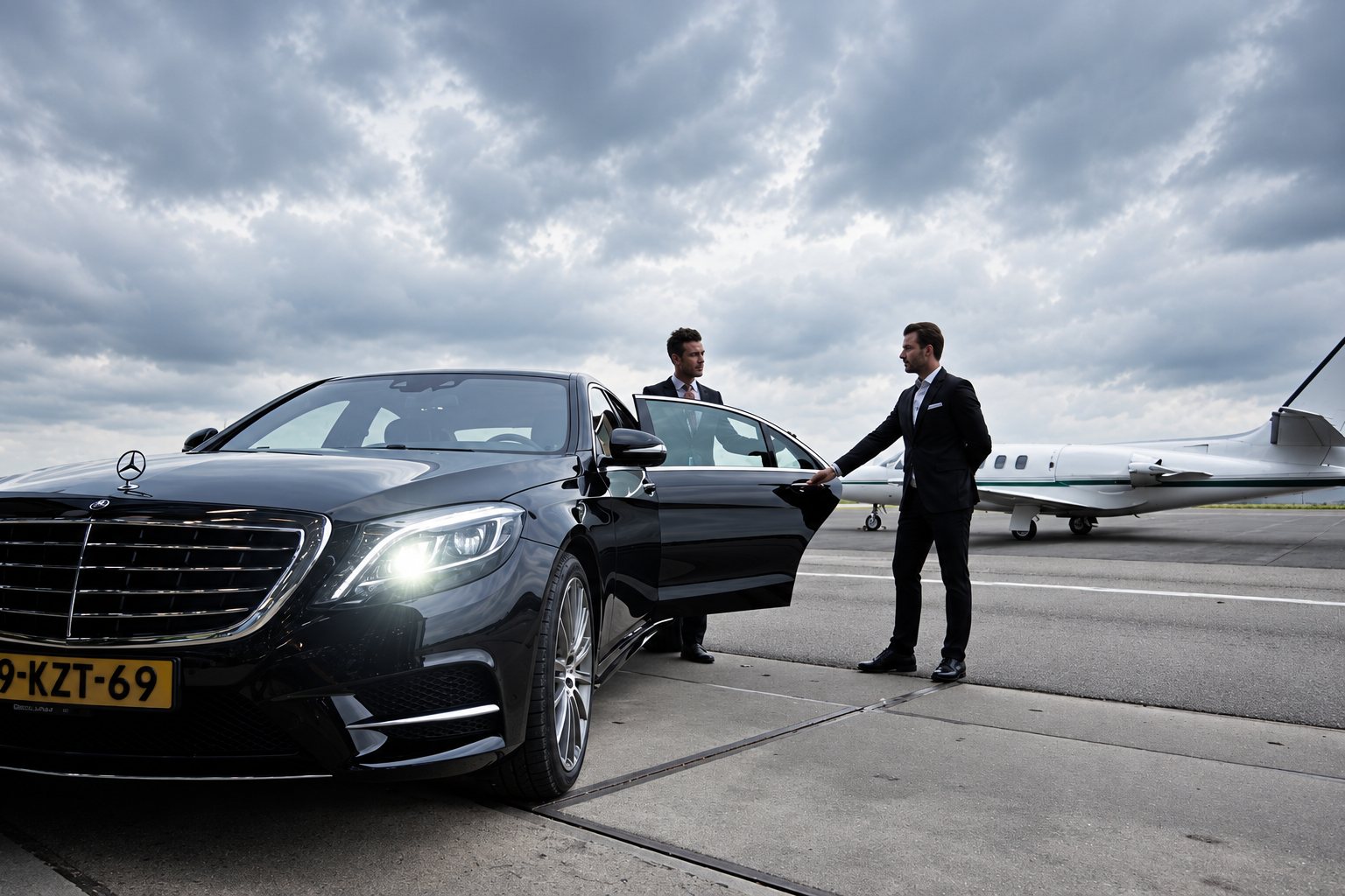 Deux chauffeurs en costume sombre se tiennent près d’une berline Mercedes noire à la portière ouverte, sur une piste où est garé un jet privé sous un ciel nuageux.